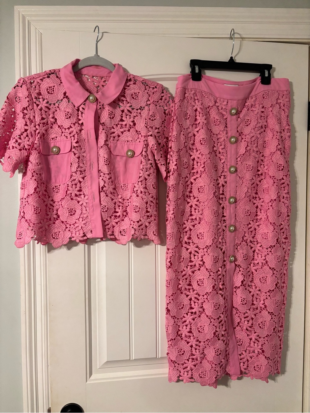 Pink lace appliqué Two-Piece Set with Pearl Buttons - top is small / skirt is 4